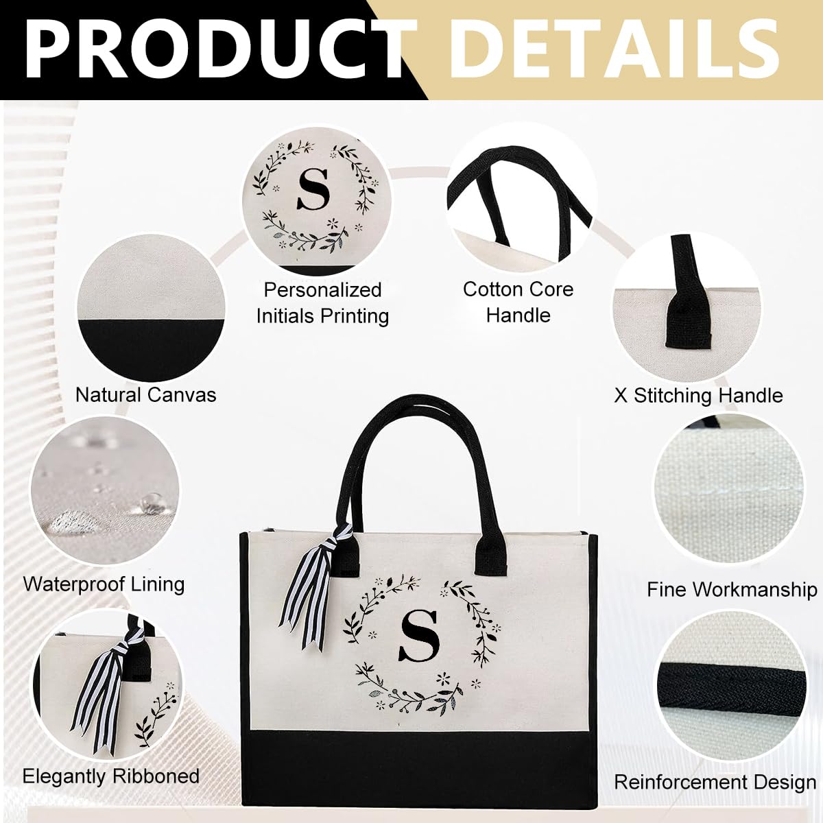 PALAY Canvas Tote Bag Letter Print Large Canvas Hand Bag for Girls Stand-up Office Tote Bag Document Bag Grocery Bag Shopping Bag with Reinforced Handles Gift for Girls