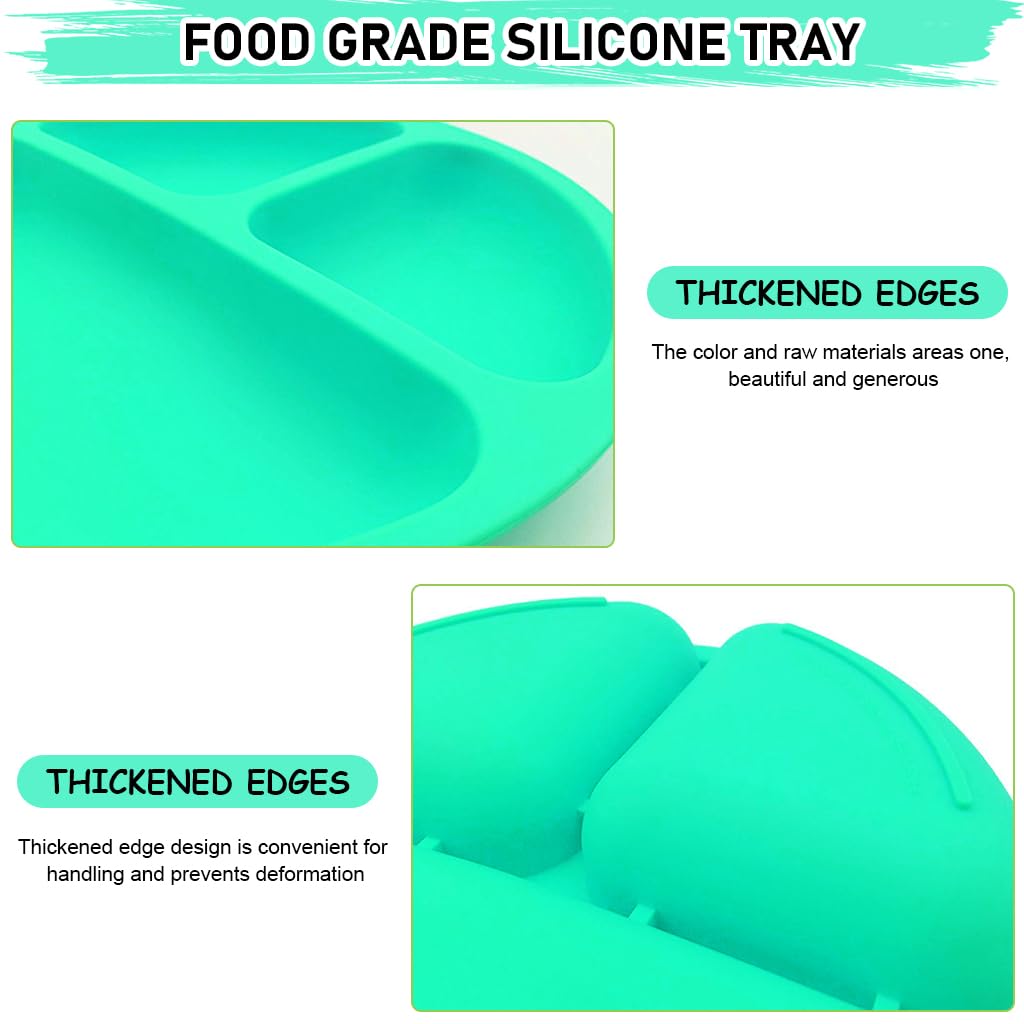 SNOWIE SOFT Baby Suction Plates for Baby Feeding BPA Free Foodgrade Silicone 3-Grid Food Plate for Kids, Young Kids Tableware, Silicone Dinnerware with 4 Suction Cups, Dish Washer Safe (Green)