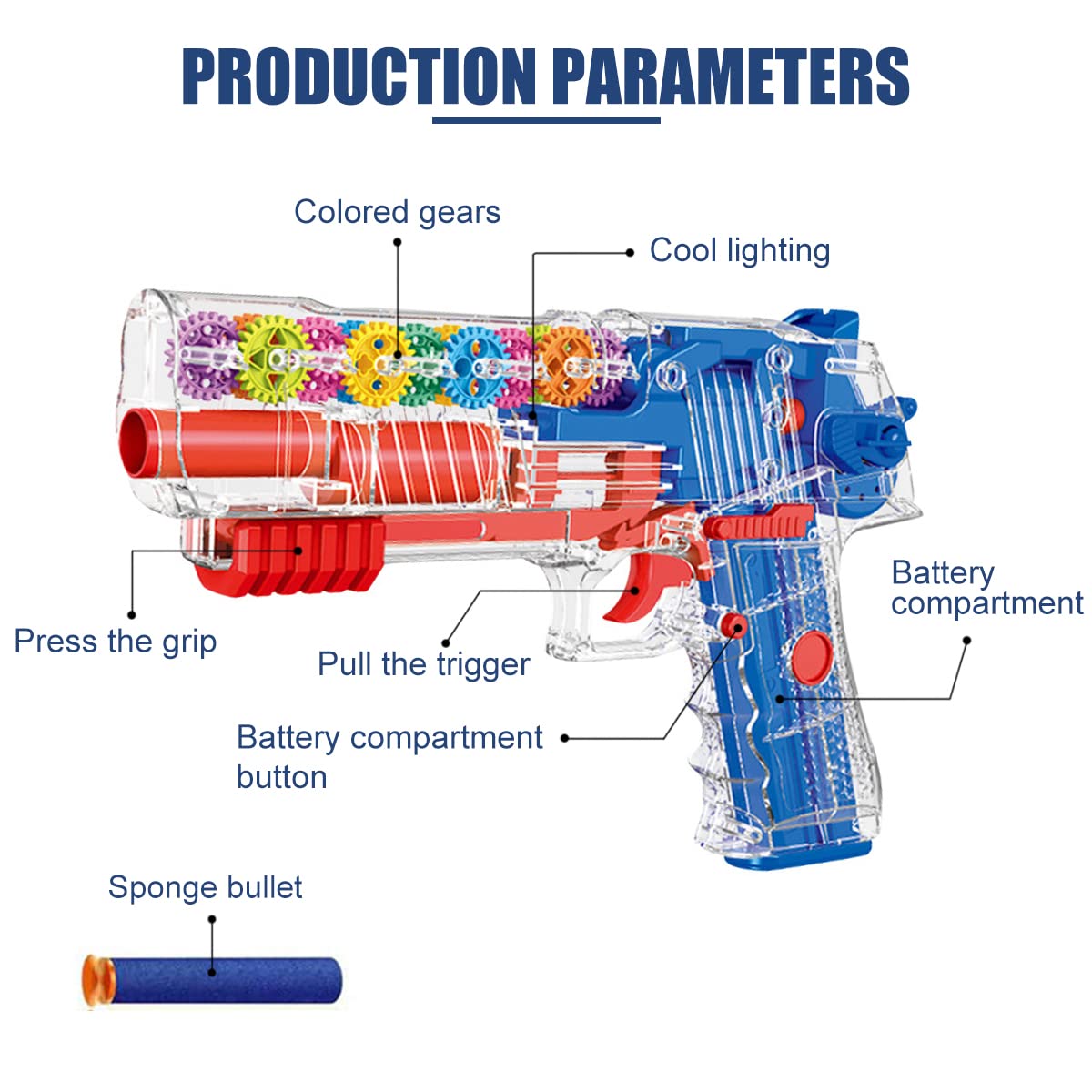 PATPAT Musical Toys for Kids,Transparent 3D Gear Simulation Mechanical Gun Toys with 5pcs Soft Ammunition,LED Flashing Lights and Sound Toys for Kids Boys Girls,Birthday Christmas Gift - Blue