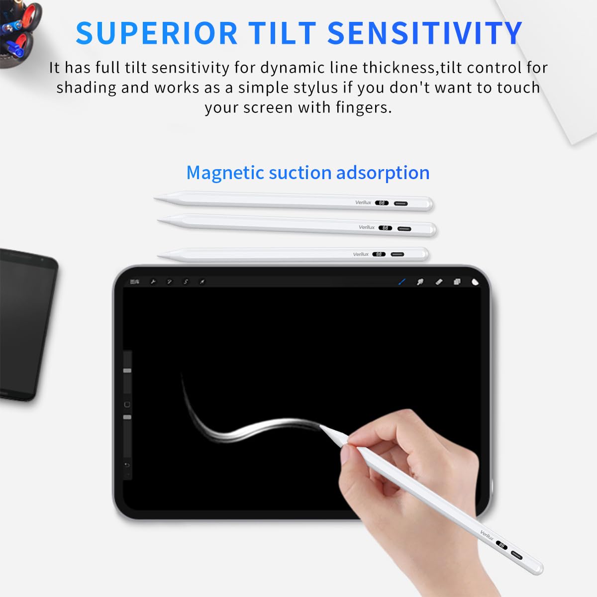 Verilux Stylus Pen for iPad 2018 and Later iPad Pencil with LCD Power Display High Precision & Double Tap ON/Off Pencil & Palm Rejection for Apple Tablet Smart Pen for Tablet with Tilt Sensitivity