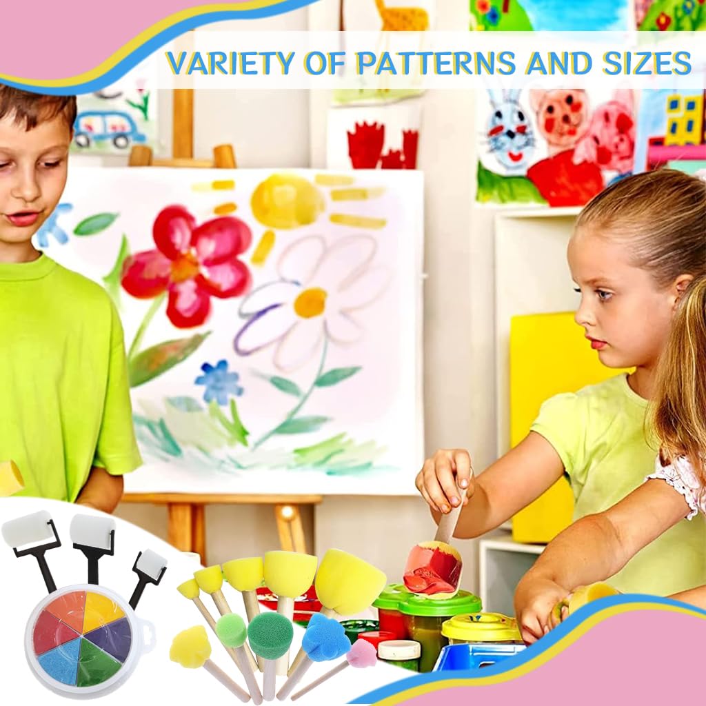 HASTHIP 14Pcs Sponge Art Supplies - 7-Color Acrylic Paint, Diverse Brushes & Rollers, DIY Sponge Art Creative Painting Brush Mixed Shaped Sponge Painting Stick Sponge Art Painting Brush Paint Rollers