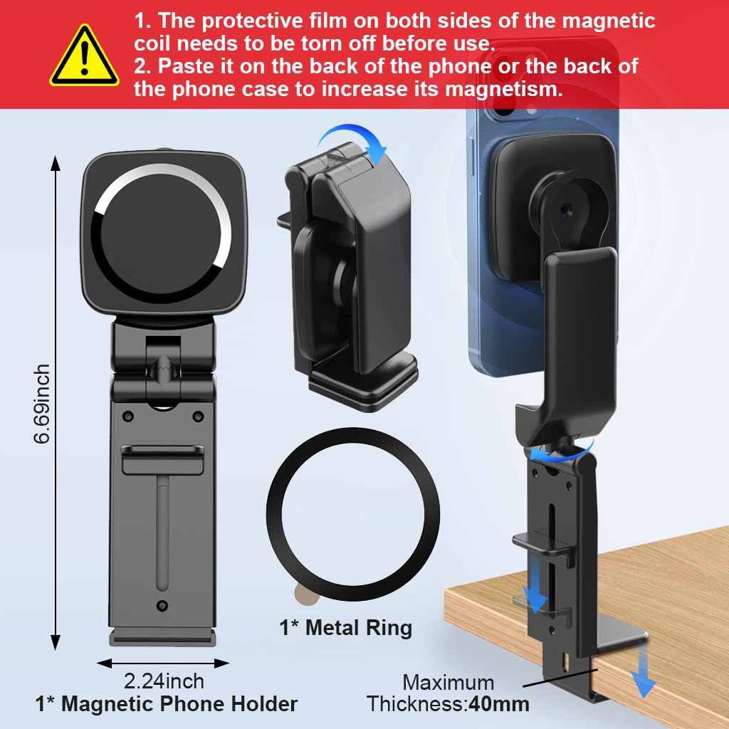 ZORBES Desk Phone Holder 360 ° Rotatable Magnetic Phone Holder Adaptable Phone Holder Clamp-On Folding Travel Phone Holder for Desk, Airplane Seat Tray, Car Seat, Luggage Pull Handle