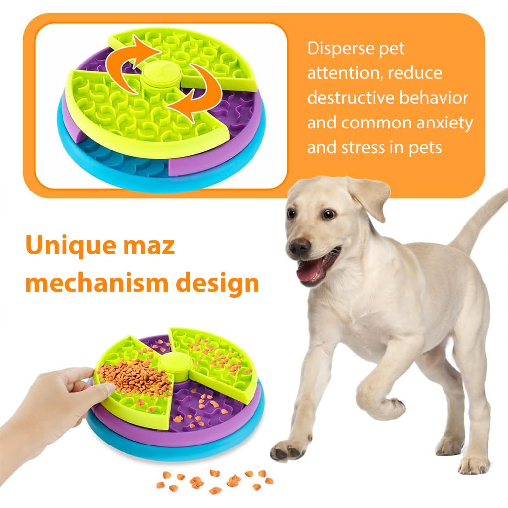 Qpets Dog Slow Feeder Bowl, Dog Toy Pet Slow Feeder for Dogs Large Puppy Puzzle Toy, Interactive Dog Toys Food Dispenser with Anti-Slip Pads - Round Edge & Triple Layer Rotatable