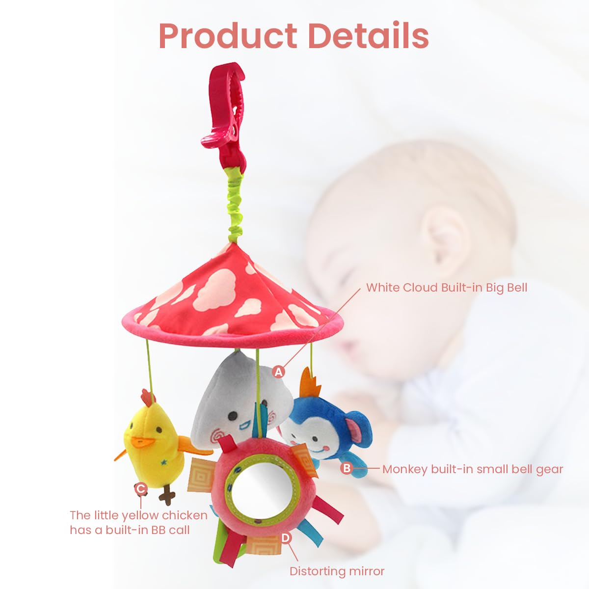 PATPAT Hanging Toys for Babies 0-6 Months, New Born Baby Toys Rattle Crinkle Squeaky Toy Car Seat Plush Stroller Toy with Mirror Plush Animal C-Clip Ring for Infant Babies 3 6 9 to 12 Months