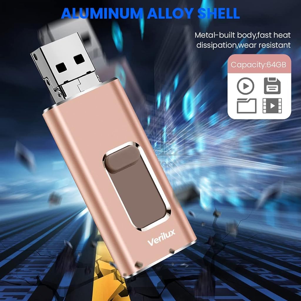 Verilux Pendrive 64GB 4 in 1 Flash Drive 64GB USB 3.0 Flash Drive with Light-ning, Micro USB, USB A, Type-C Interface, Mini Flash Drive Compatible with iPhone, iPad, Android, PC and More Devices