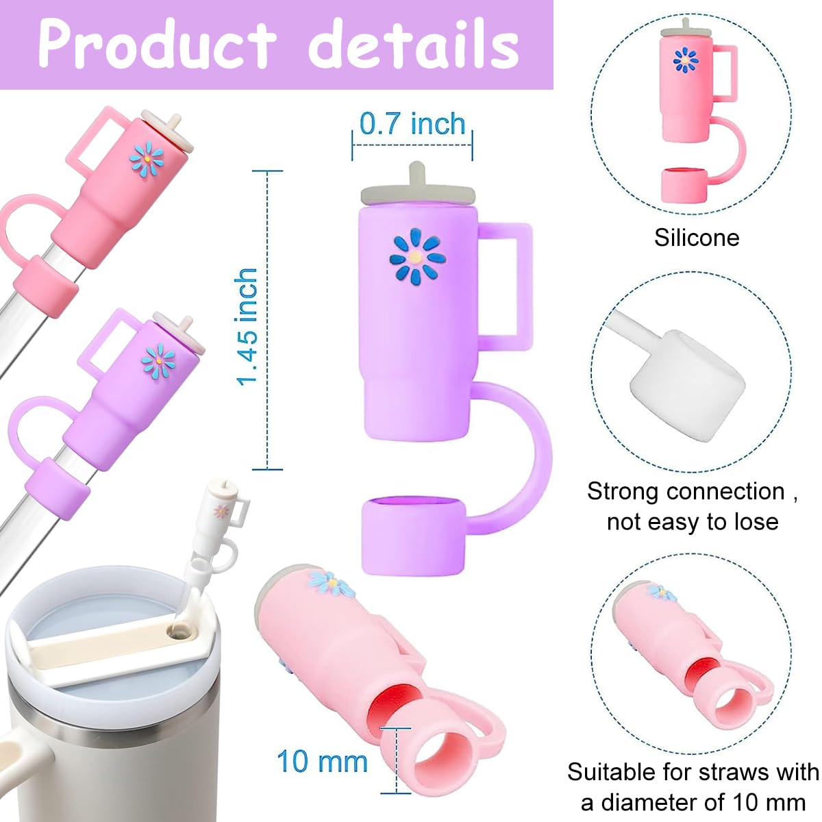 HASTHIP 5PCS Straw Cover Cap, Straw Protectors with Handle, Cute Silicone Straw Topper for 10mm Diameter Cup Accessories