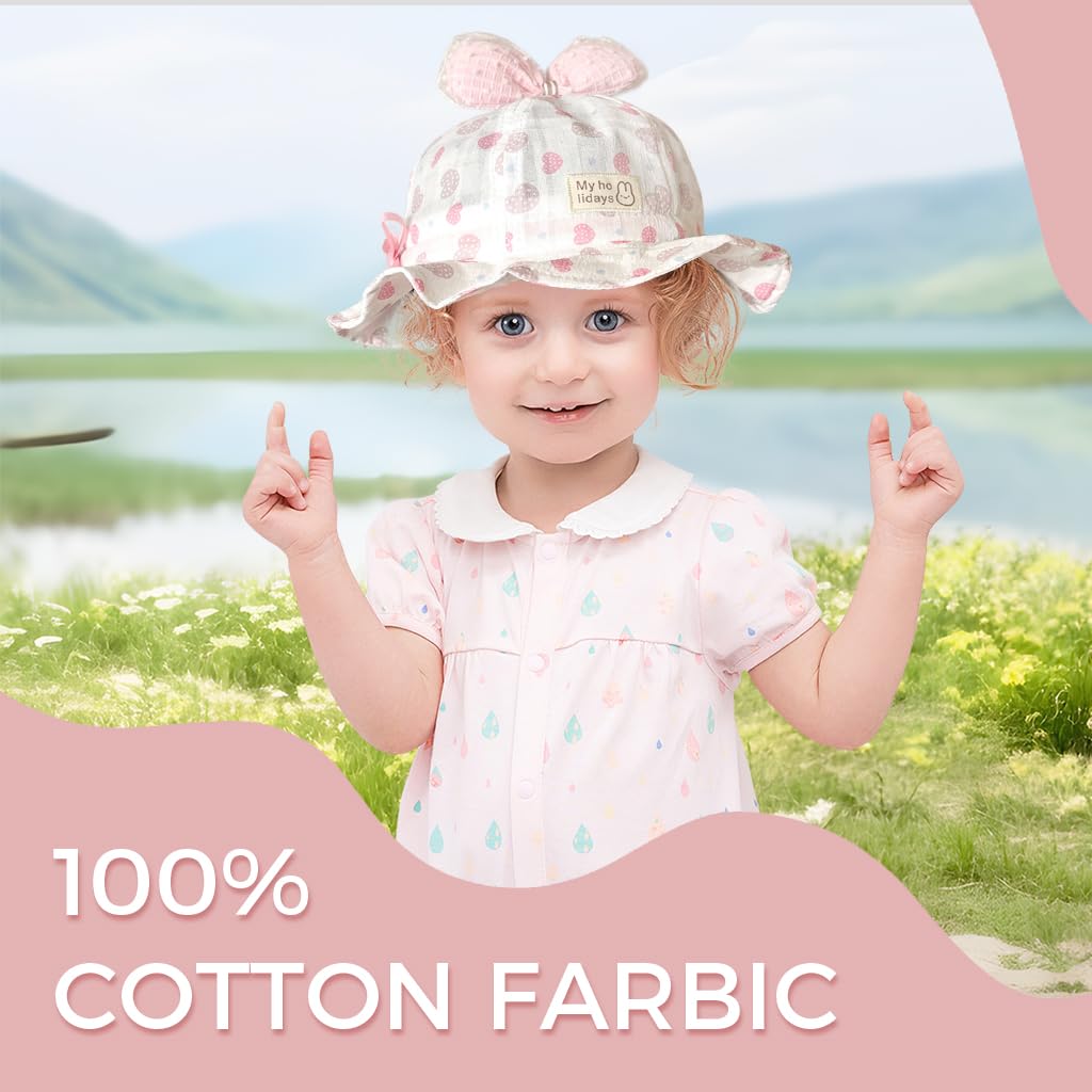 SNOWIE SOFT Baby Sun Hat Toddler Girls Sun Cap Breathable Cotton Sun Cap Bucket Hat Cute Bow Wide Brim Baby Girls Hat Birthday Gift for Girls 6-18 Months
