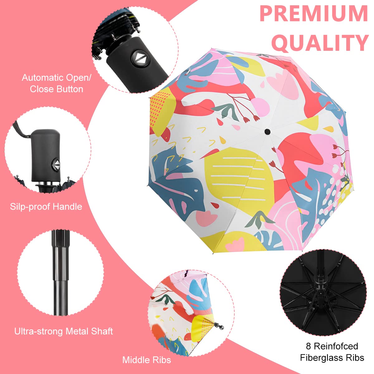 PALAY Umbrella for Women, Automatic Folding Travel Umbrella Windproof Strong 8 Ribs UV Protection Printed Design Umbrella for Ladies, Girls and Women
