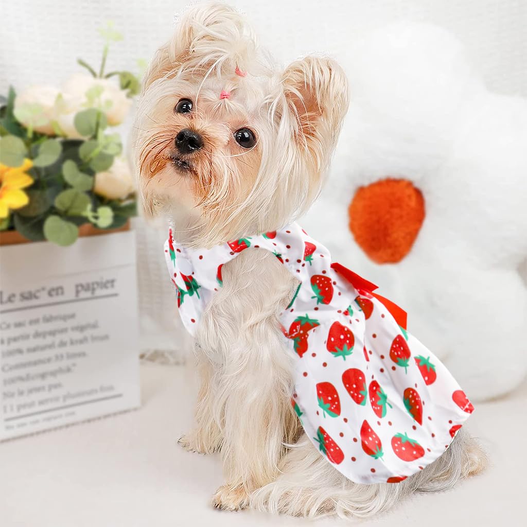 Qpets Summer Female Dog Dress for Small Dogs Kitten Dog Clothes Clothing Cute Strawberry Bow Print Princess Dress for Puppies, Kittens, Chihuahua, Maltese, Pug, Papillon(Suitable for 3-3.5kg)