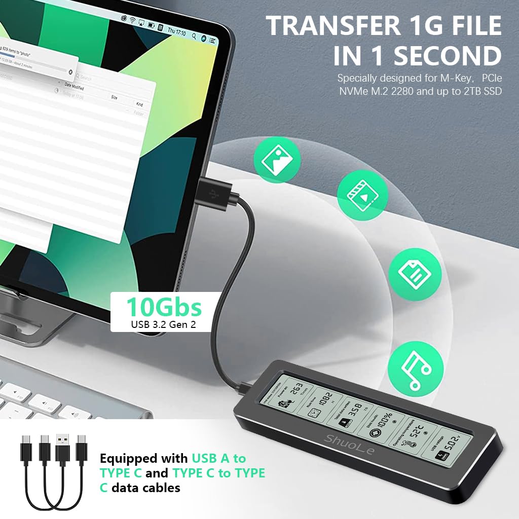 ZORBES Aluminum M.2 Nvme SATA SSD Enclosure with LCD Display USB 3.2 Gen 2 10Gbps M.2 NVMe SSD Enclosure NVME PCI-E M-Key External SSD Enclosure Support UASP Trim for NVMe SATA SSD 2230/2242/2260/2280