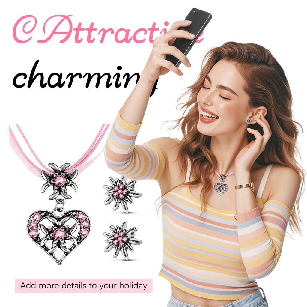 SANNIDHI Set of 3 Women Necklace Jewelry Set Vintage Baroque Pink Heart Necklace Earstuds Jewelry Set Rhinestone Embellishment Charming Necklace Earstuds Jewelry Gift Christmas Gift for Women