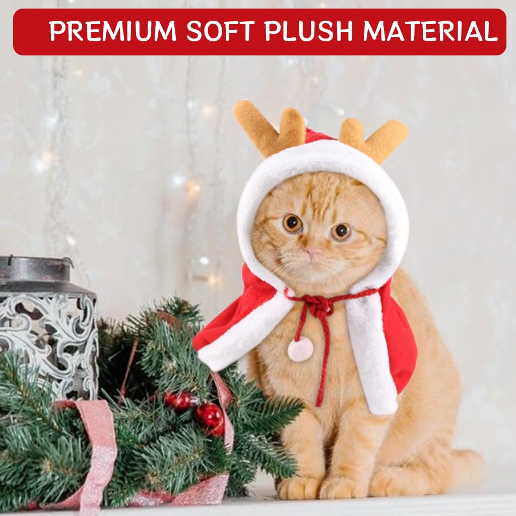 Qpets Chrismat Cat Clothes, Dress Up Clothes Chrismat Red Elk Cloak for Cat Warm Plush Cloak Adjustable Drawstring Hat Christmas Party Clothes for Cat, L