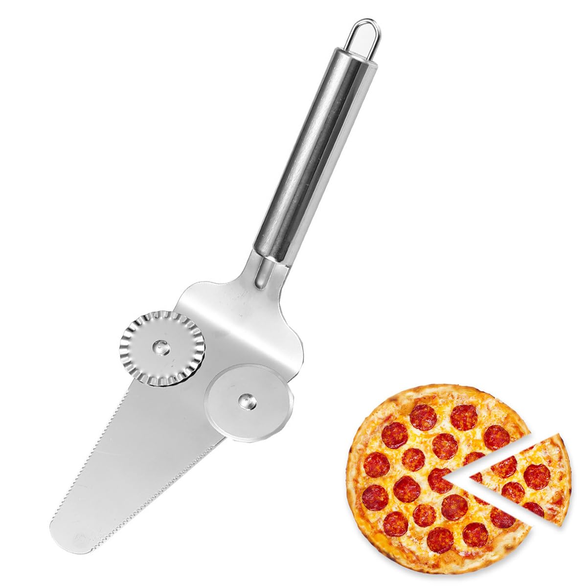 HASTHIP Pizza Cutter Wheel 2 in 1 Stainless Steel Pizza Shovel, Dual Wheel Design Pizza Cutter Cake Shove, Dishwasher Safe, Perfect for Cakes & Desserts, Dishwasher Safe