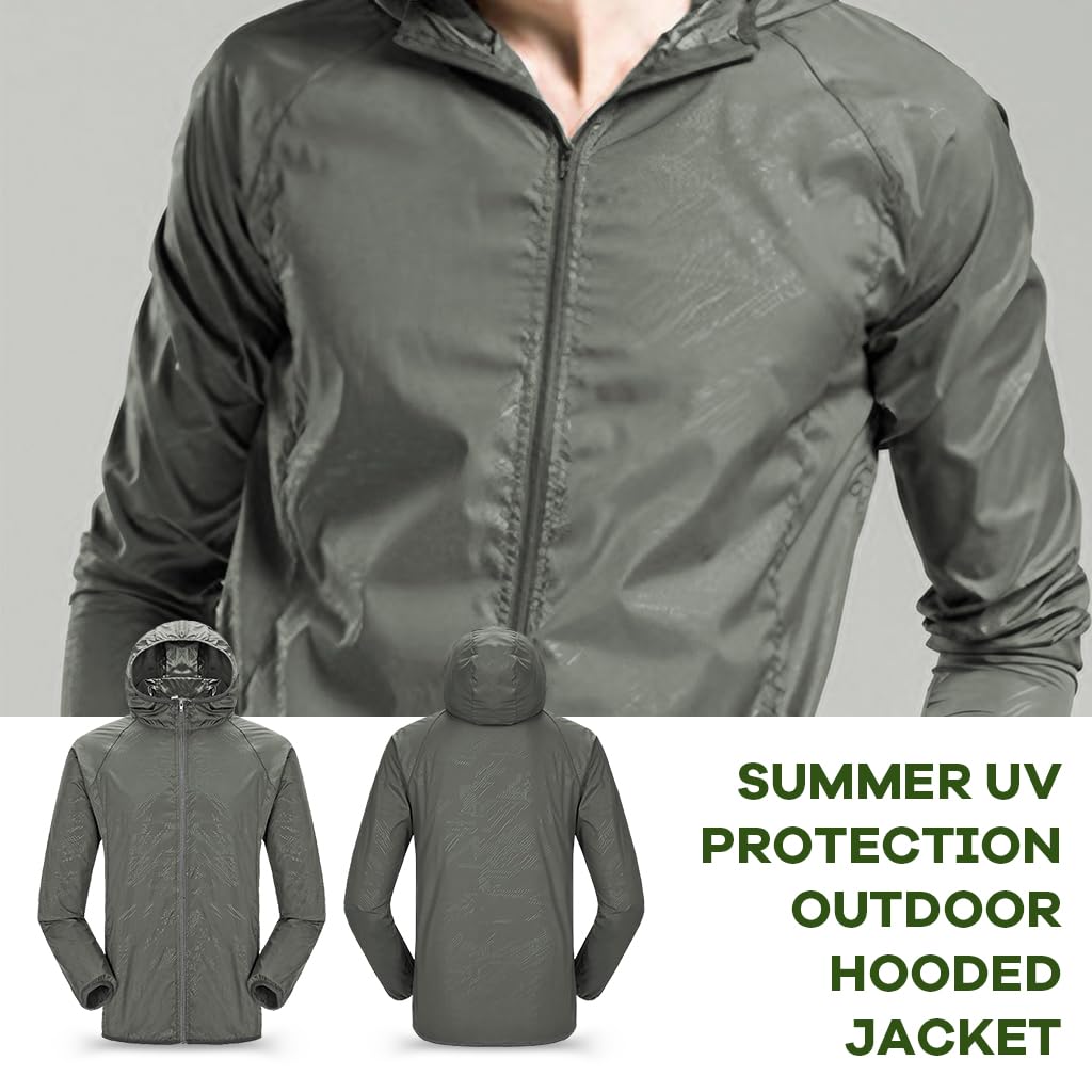 GUSTAVE Men Waterproof Jacket Summer UV Protection Jacket Ultra Light Outdoor Hoodie Jacket Camping Rainproof Sun UV Protection Jacket Quick Dry Long Sleeve Jacket for Camping, Hiking, 3XL