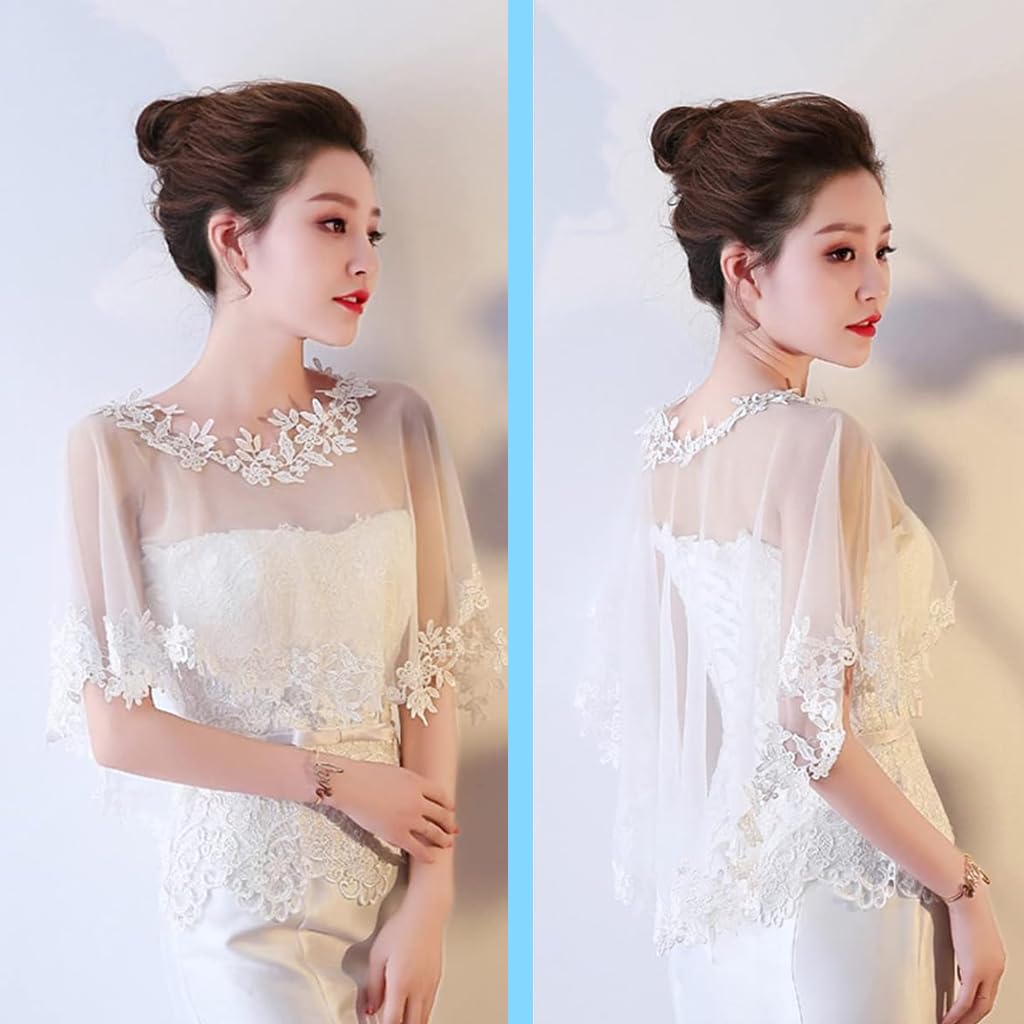 PALAY Sheer Lace Shawl Elegant White Lace Evening Dress Wrap Shawl Bridal Cape Cover Up Shawl Bridal Shawl Embroidery Floral Edge Lace Shawl for Dresses, Off-Shoulder