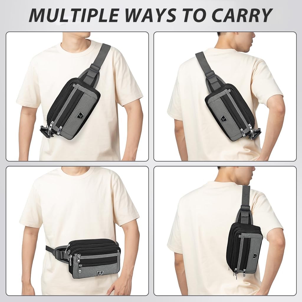 GUSTAVE Men's Waist Bag Chest Bag Crossbody Chest Bag with 6 Zipper Pouches Large Men's Waist Bag Adjustable Waist Belt Waterproof Nylon Lightweight Phone Waist Bag, 24x3x15cm