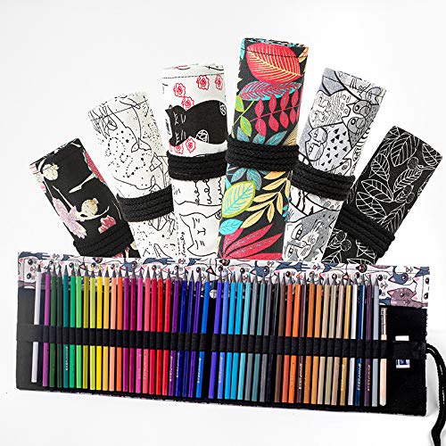 PATPAT 72 Holes Canvas Pencil Wrap Case for Adults and Kids, Colored Pencil Roll Up Canvas Pouch Package for Sketching Drawing Writing Storage-constellation (Fallen Leaves(72 holes))