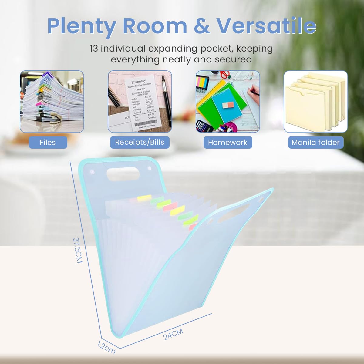 Climberty File Folders for Documents, Expanding File Folder with 13 Compartments, Portable File Folder with Snap Button Closure, A4 (Fits A4 Paper) File Folder for School Office Home (Blue)