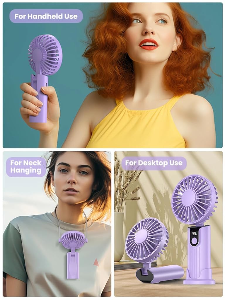 Verilux® USB Handheld Fan Mini Desk Fan Neck Fan with Detachable Neck Strap 3 in 1 Variable USB Cordless 5000mAh Portable Pocket Cooling Fan for Travel, Hiking, Office, Purple