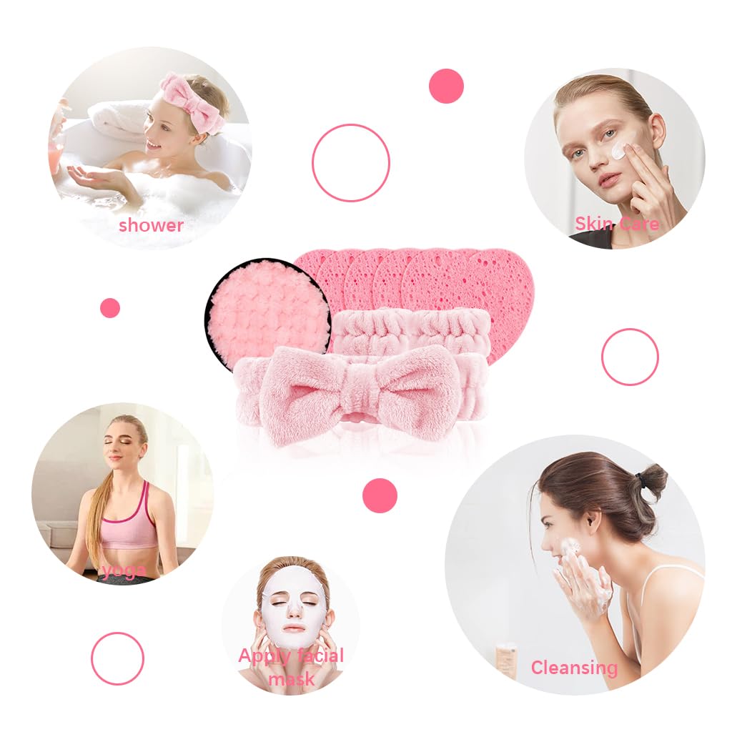 MAYCREATE 9Pcs Face Wash Kit Face Wash Sponge Pads Pluffy Makeup Remover Pad Pink Bow Face Wash Headband Soft Microfiber Wristband Facial Cleaning Set Facial Supplies