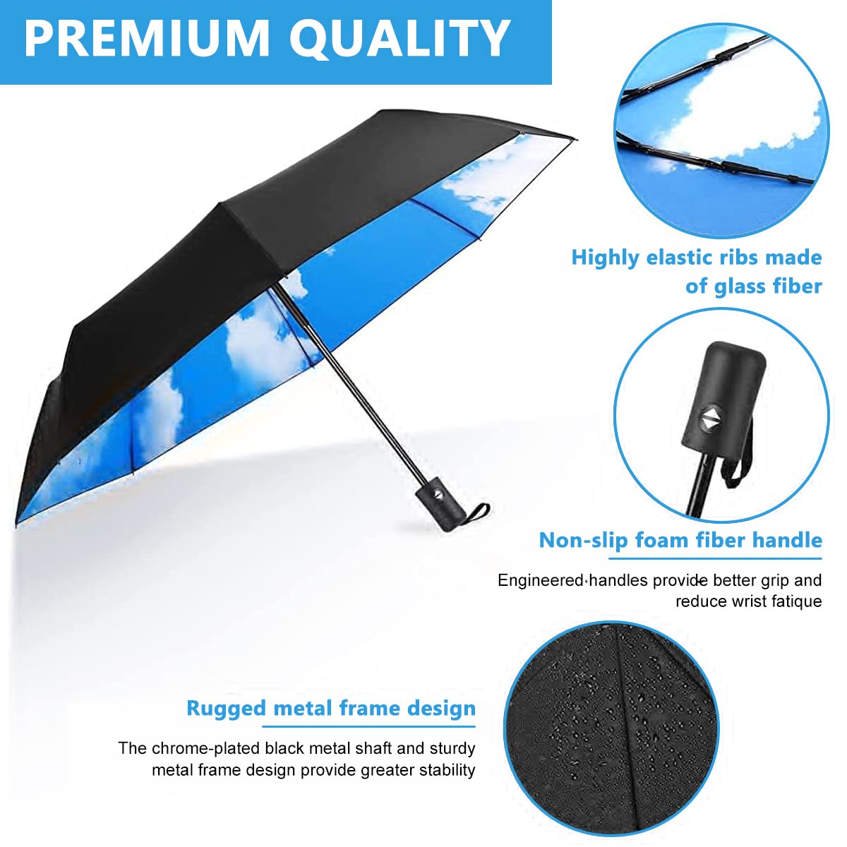PALAY Automatic Folding Travel Umbrella Windproof Strong 8 Ribs UV Protection Black Compact Umbrella for Women, Lightweight 3-fold Umbrella with Polyester Coating for Travel (Sky)