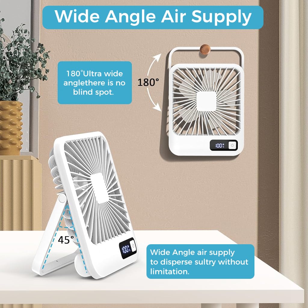 HASTHIP Table Fan - 2000mAh Portable USB Fan with 5 Speeds, Mini USB Desk Fan with Power Display, Ultra Quiet Desktop Fan Suitable for Home Office Travel Desktop Outdoor (White)