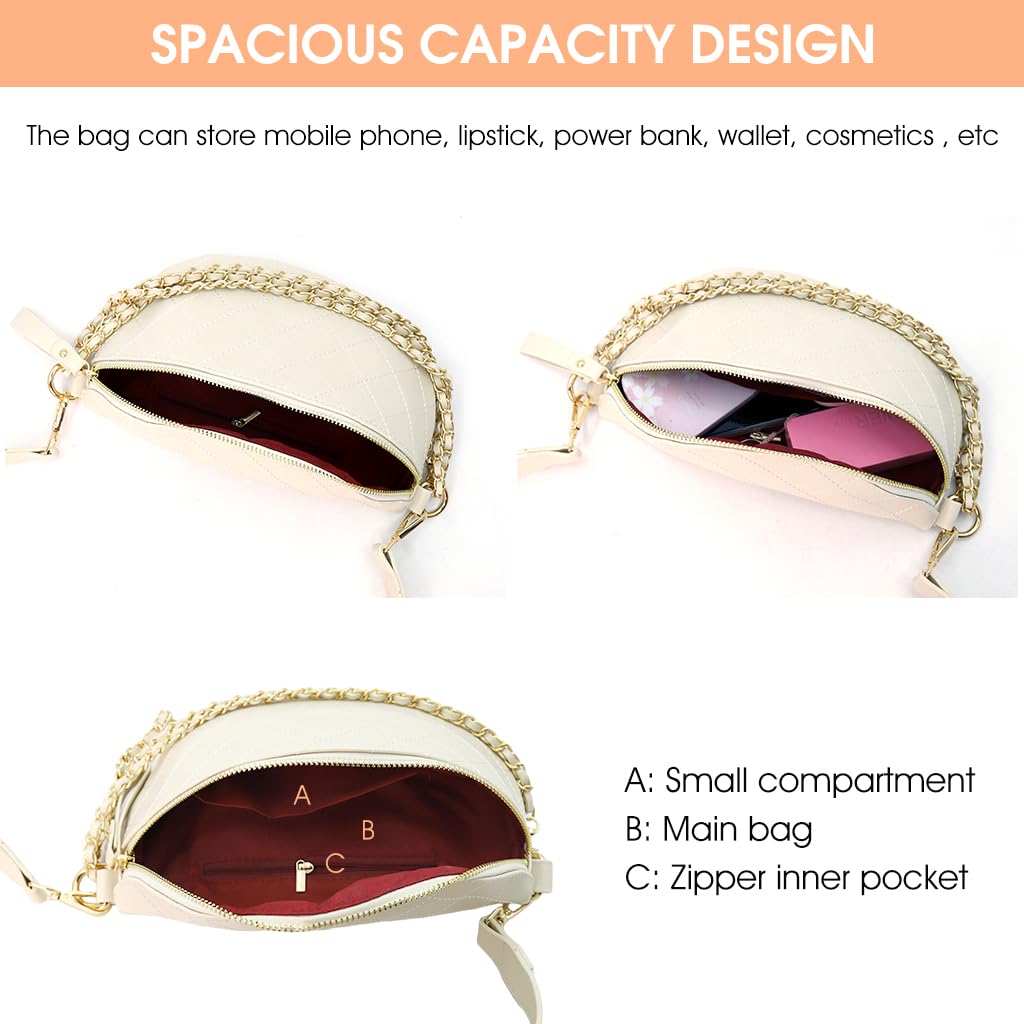 PALAY Women Sling Bag Fashion PU Shoulder Bag for Women Chain Bag Wide Shoulder Strap Crossbody Bag Phone Bag Casual Style Women Bag for Daily, White