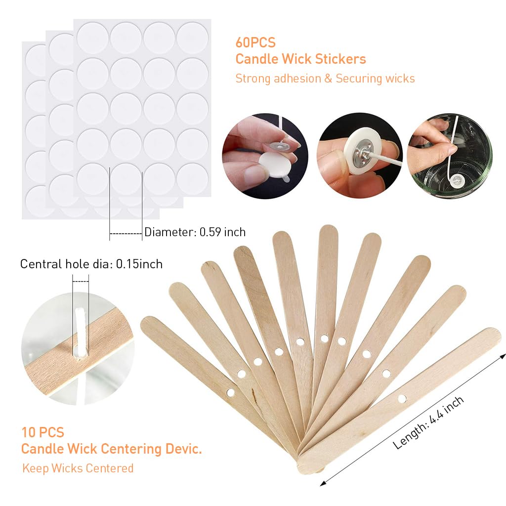 HASTHIP DIY Candle Making Tool Kit with 100 Pcs 6 inches Candle Wicks, 60cs Candle Wick Stickers, 10 Pcs Wooden Candle Wick Holders Candle Wicks Tool Kit for DIY Candle Making Scented Candles
