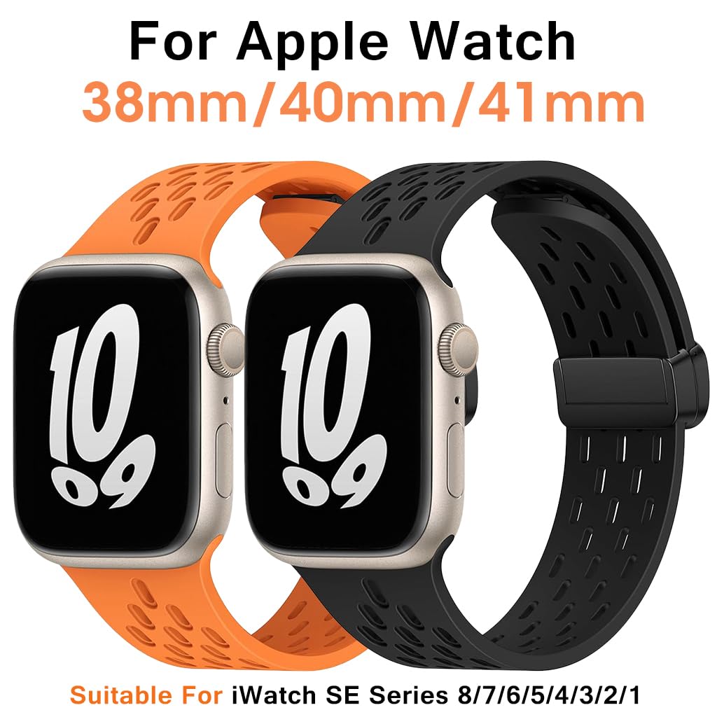 ZORBES Watch Band 38mm Universal Watch Strap for Apple Watch 41mm/ 40mm/ 38mm Fashion Silicone Sport Wristwatch Band Adjustable Magnet Clasp Watch Band, 2pcs, Black & Orange
