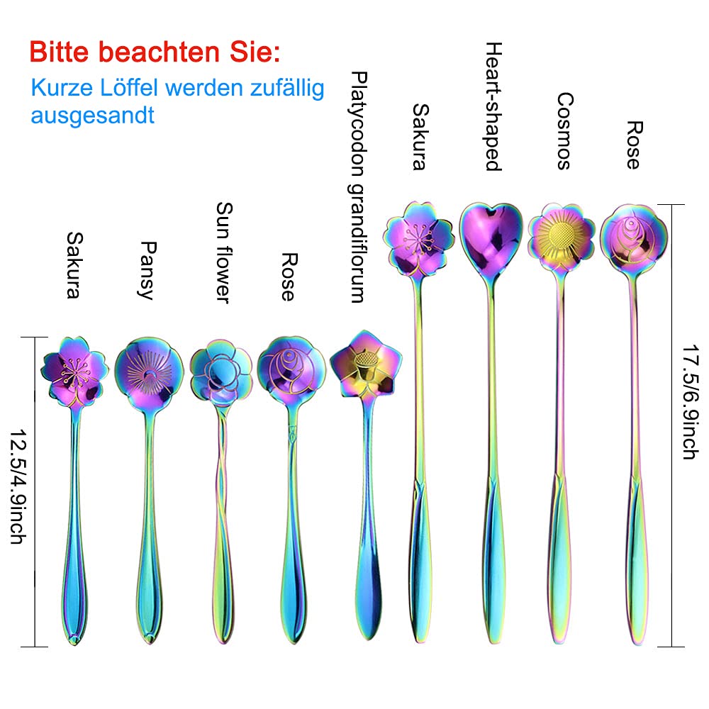 HASTHIP 8Pcs Rainbow Flower Spoon Set, 410 Stainless Steel Reusable Long/Short Handle Spoon, 2 Different Size Colorful Scoop Spoon Teaspoons Coffee Sugar Stirring Spoon Dessert Cake Spoons