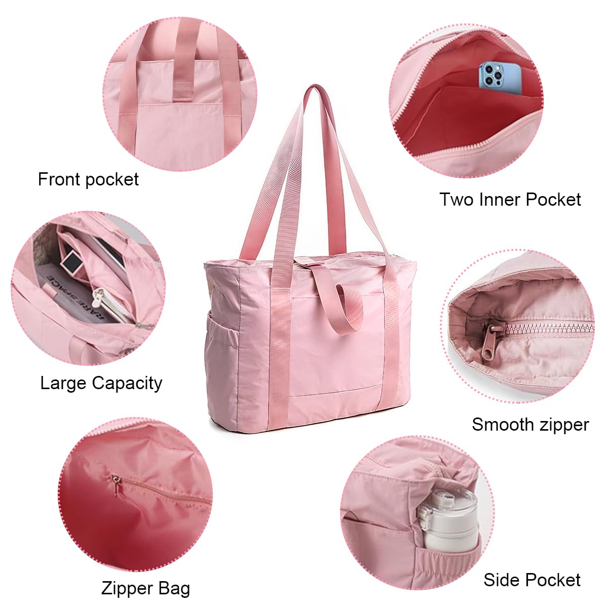 PALAY Casual Shoulder Bag Hand Bag with Zip-up Closure Tote Bag for Women Fashion Pink Nylon Gym Bag with Yoga Mat Buckle Fashion Lightweight Carry On Bag for Fitness, Travel, Work, 39x15.5x31cm