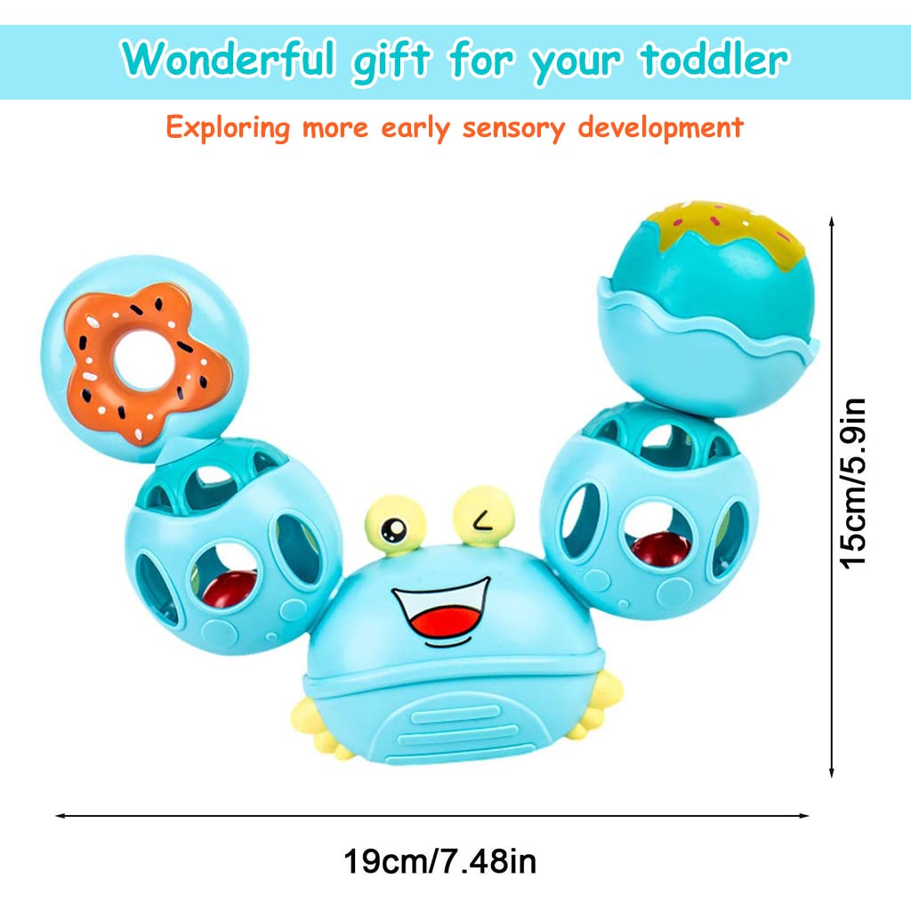 PATPAT Rattles for Baby 0-6 Months Cartoon Crab Sensory Teething Toys for Babies 360 ° Rotation Rattle Toy BPA-Free Soothing Toy Toddler Activity Toys New Born Baby Toys Gifts for Boys Girls- Blue