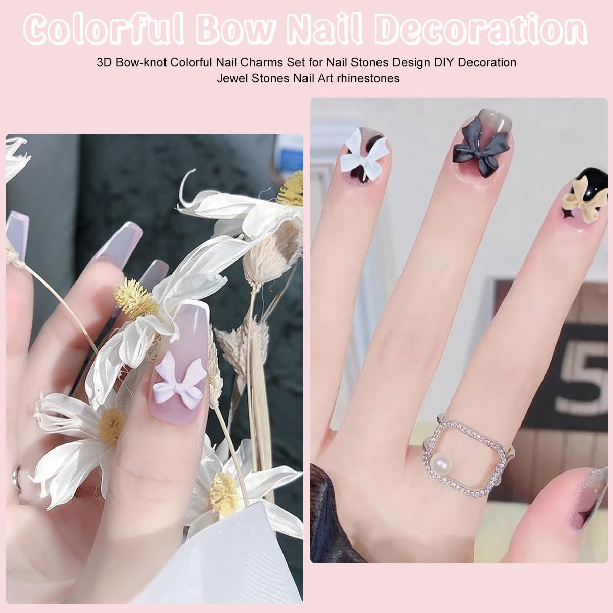 MAYCREATE Bow-Knot Nail Stud Rhinestones Crystal, Bow Nail Charms and Flatback Pearls, Bowknot 3D Cute Nail Charms for Acrylic Nail Design for Nail Jewelry DIY Crafts Nail Art Decoration, Pink