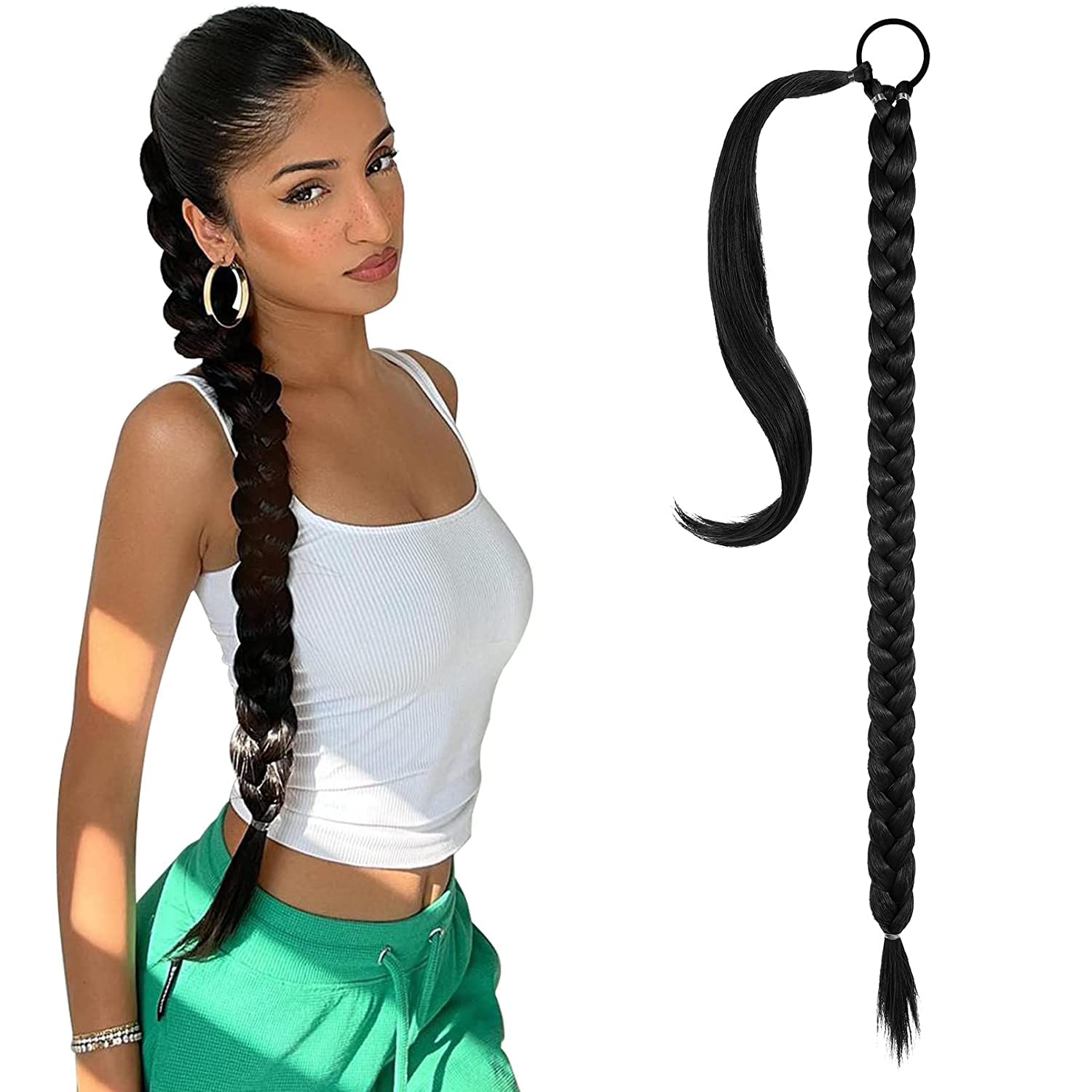 MAYCREATE Ponytail Hair Extension for Women, Long Braided High Ponytail Extension with Rubber Band, Straight Wrap Around Natural Soft Synthetic Hair Piece - 31 Inch, Black