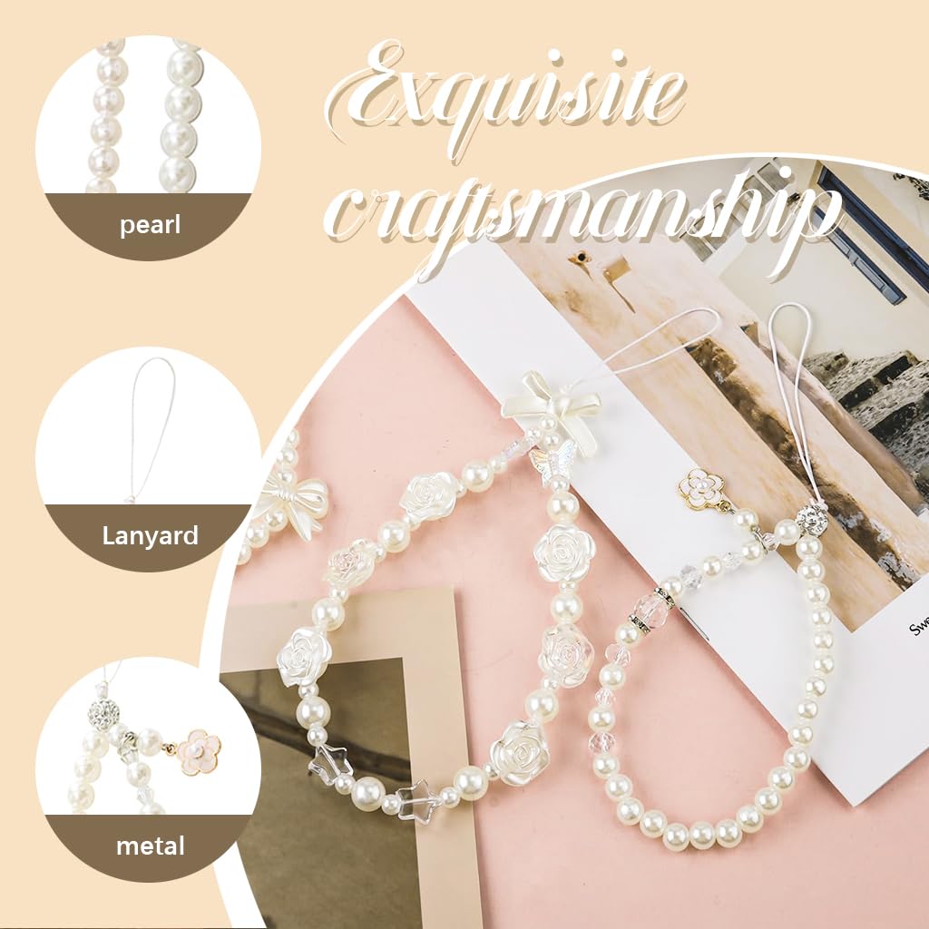 PATPAT 4Pcs Phone Charms for Girls Trendy Pearl Bow Floral Phone Charm with String Loop Beaded Phone Charms Phone Charms Wrist Straps Kawaii Girls Phone Charms for Phone Case Gift for Girls