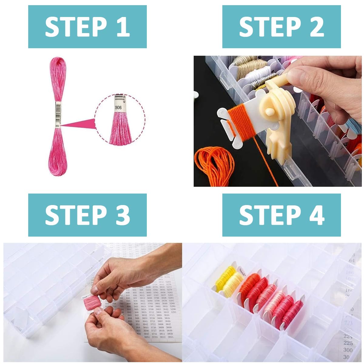 HASTHIP Embroidery Floss Organizer Kit Cross Stitch Thread Storage Box Tools with Floss Bobbin Winder, with 40pcs Plastic Floss Bobbins, Color Number Stickers, DIY Embroidery Floss Storage Kit