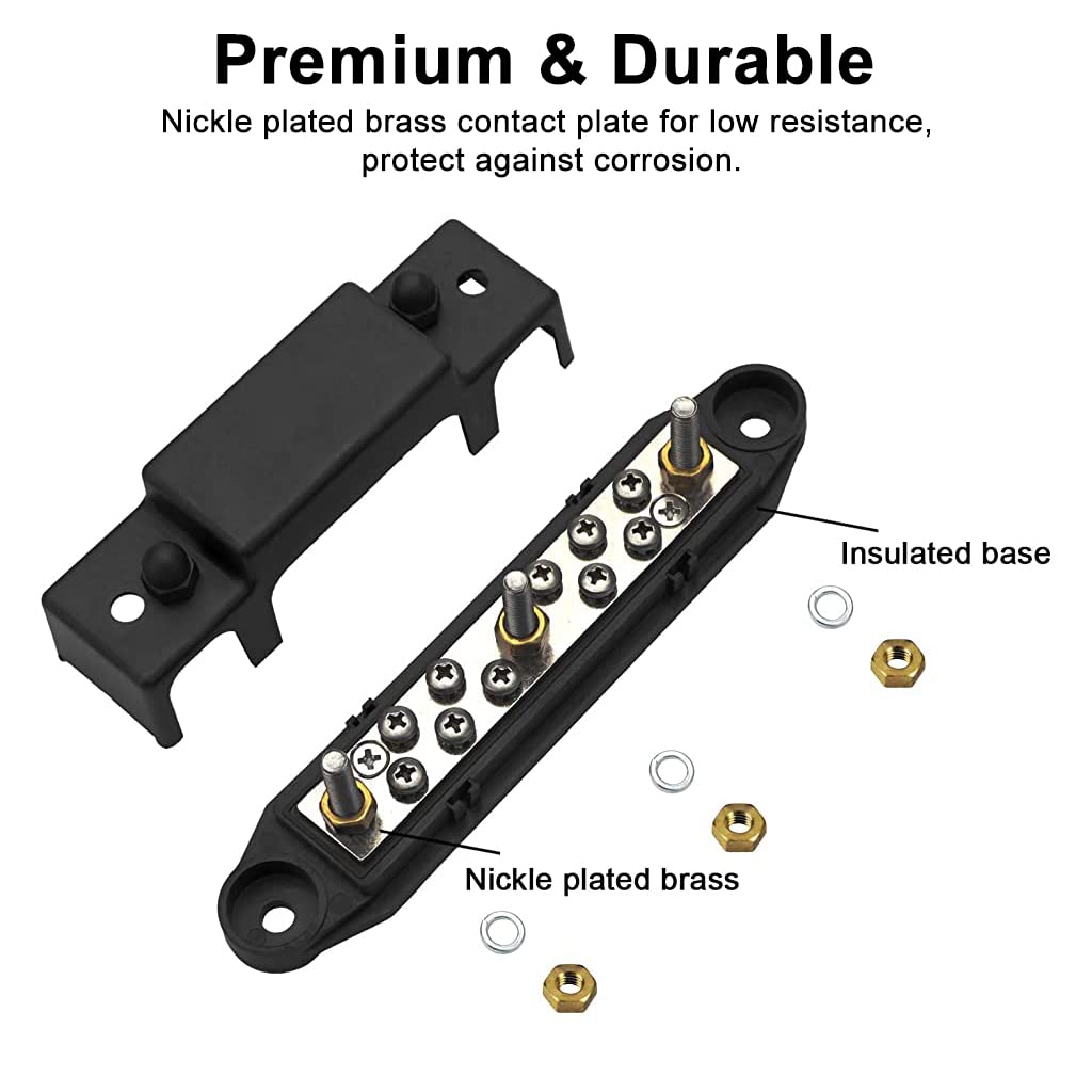 Serplex Bus Bar-3x1/4'' Post, 10x#8 Screw Terminal Power Distribution Block with 16Pcs Ring Terminals (Black)