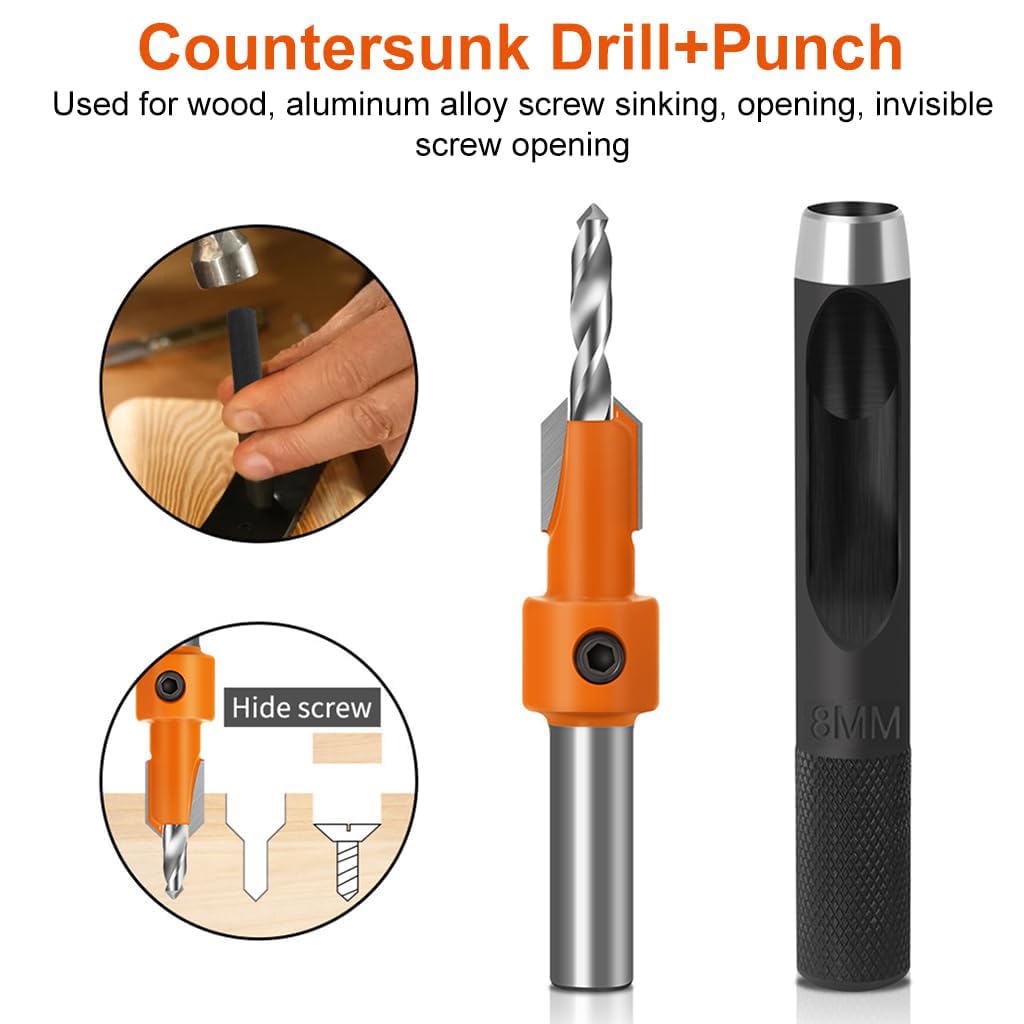 Serplex 10Pcs Wood Countersink Drill Bit Set, 5Pcs Countersink Drill Bit with 5Pcs Extra Pilot Drill Bit, Tapered Drill Bits with 8mm Round Shank, Counter Sinker Drill Bit Set for Woodworking