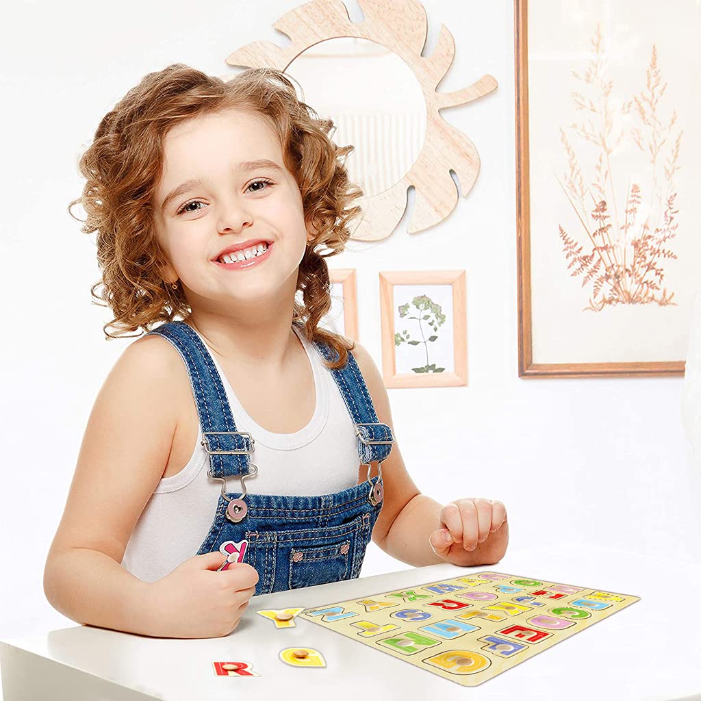 PATPAT 2Pcs ABCD Toys for Kids Wooden Puzzles Alphabets for Kids Learning Toys for 2 Year Old Girls Boys, Educational Toys Montessori Wooden Board Activity Toys Kids Gift (Letter Puzzle, Car Puzzle)