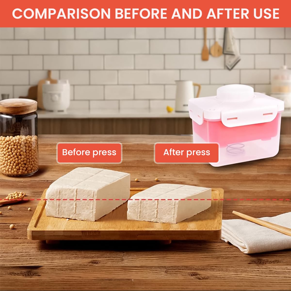 HASTHIP Tofu Press Tofu Maker Tofu Shaper Drainer Food-grade Fresh Tofu Mold Stainless Steel Spring-loaded Tofu Press for Homemade Tofu Salad, Vegan Diet, 15.5x13.5x13.5cm, Red