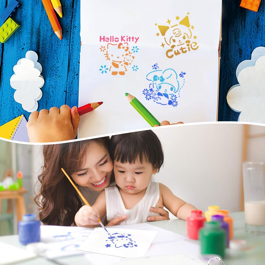 HASTHIP 16Pcs Cartoon Painting Stencils Sanrio Character Cut-Out Painting Stencils 5x5 Inches Reusable PET Painting Stencils for Wooden Crafts Spray Painting Stencils Assorted Decorative Templets