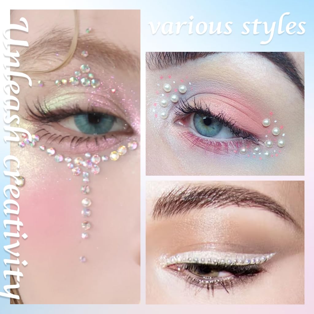 MAYCREATE Face Rhinestones for Makeup, Self Adhesive Face Gems, Pearls Rhinestone Stickers Face Jewels, Raindrop Heart Face Crystal Stone with Tweezer for DIY Crafts (Assorted Sizes & Shapes)