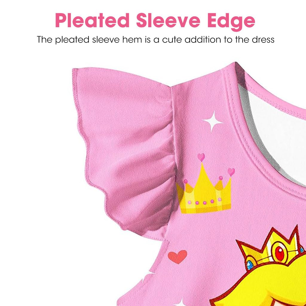 PALAY Girls Dress Princess Peach Dress Costume for Toddler Kids, Cartoon Ruffle Sleeve Summer Sleep Dresses Cozy Silk Party Dress for Girls 4-5 Years Old Gift, Pink