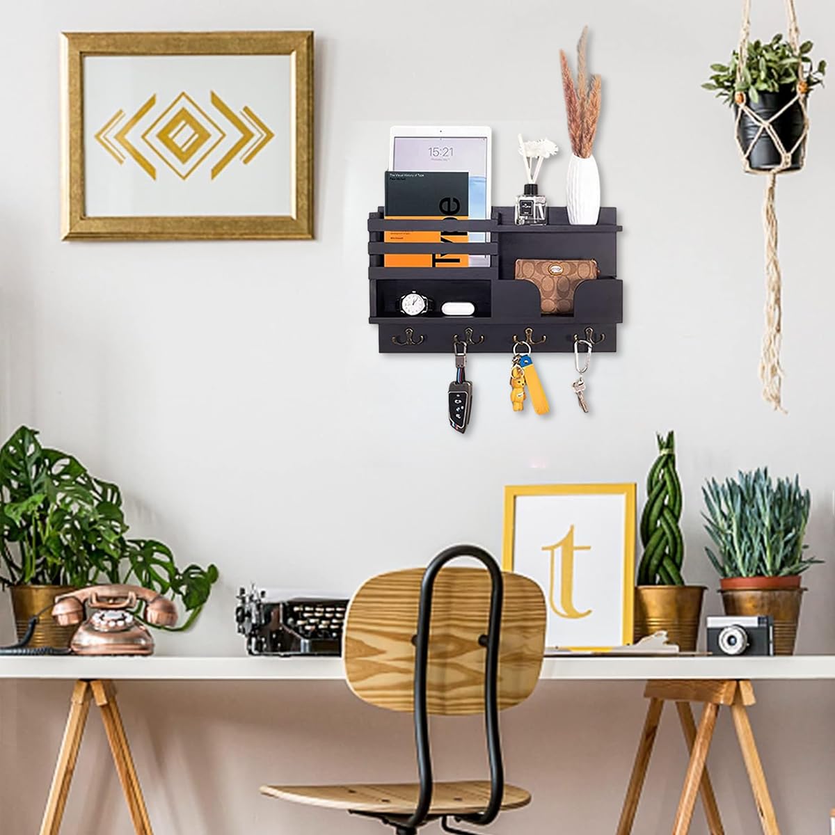 HASTHIP Key Holder for Home, Wall Mounting Organizer Rack Wall Mounting Wooden Organizer Rack with Hanging Hooks Home Decor Key Organizer for Entryway, 15.7