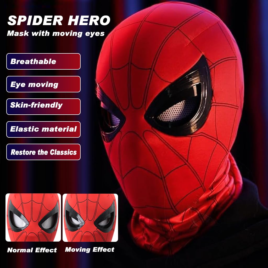 FANCYKU 3D Spider-Man Mask with Moving Eyes, Jaw Motion Activated Blinking Eyelid Spider-Man Head Cover, Spiderman Masks Spider Man Cosplay Costumes Mask for Adult Kids Halloween Masquerade Cosplay