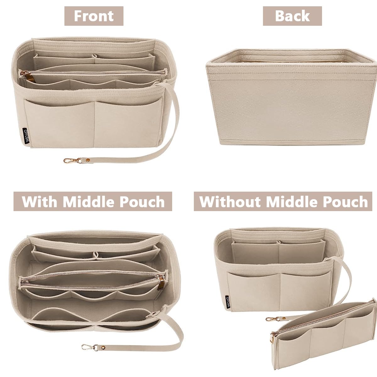 MAYCREATE Women Felt Purse Organizer Insert for Handbag, Felt Bag organizer with zipper for Handbag Tote Bag Storage Purse Divider, Beige