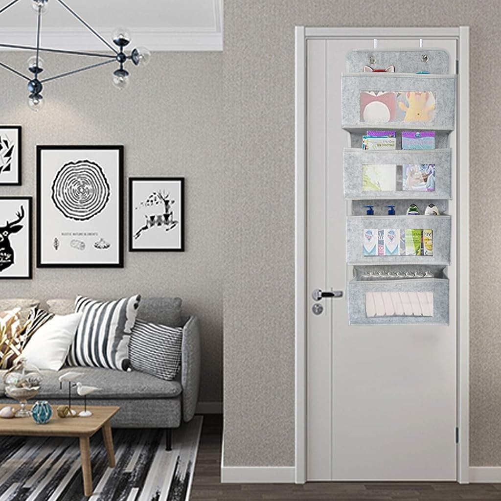 HASTHIP 4-Shelf Over The Door Organizer, Simple Houseware Over Door/Wall Mount 4 Clear Window Pocket Organizer, Grey
