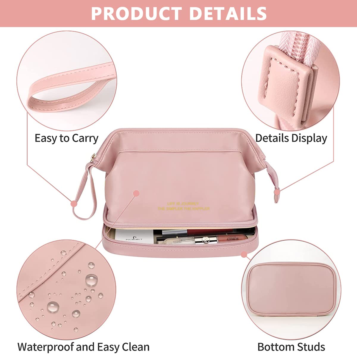 MAYCREATE Large Capacity Cosmetic Bag, Women's Makeup Travel Bag Portable Leather Cosmetics Bag with Handle, Double Layer Portable Zipper Toiletry Bag for Travel Makeup Organizer, Pink
