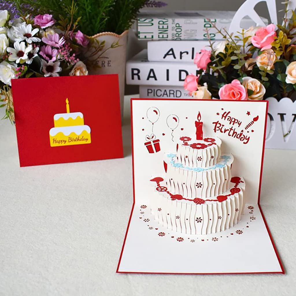 HASTHIP Greeting Card for Birthday, Pop-Up 3D Greeting Card with Envelopes, Birthday Cake Happy Birthday Card Postcards, Best Surprise Gift Birthday Card for Mom, Wife, Sister, Boy, Girl (Red)