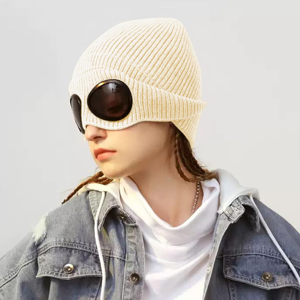PALAY Winter Hat Knitted Beanie Warm Hat Fashion Goggles Lens Knitted Cap Creative Couple (Beige)